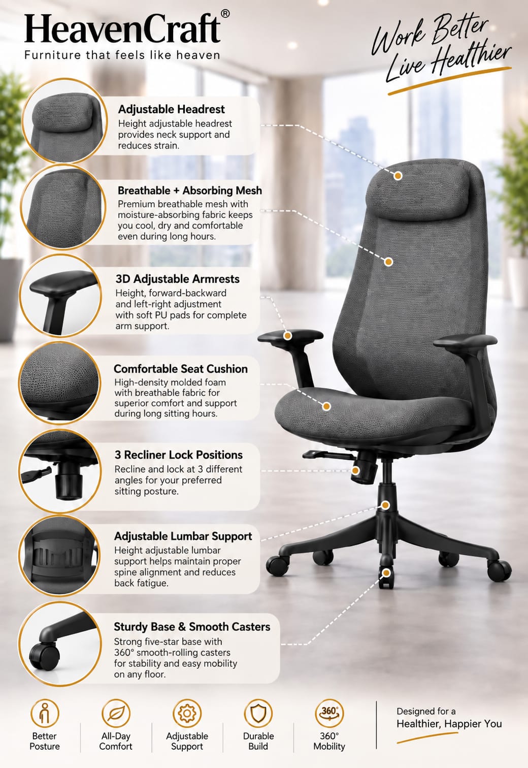 Luxor Performance Mesh Chair in Black-Dark Grey, view 4