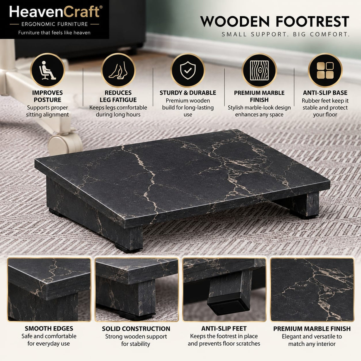 Wooden Footrest in Black Marble, view 4